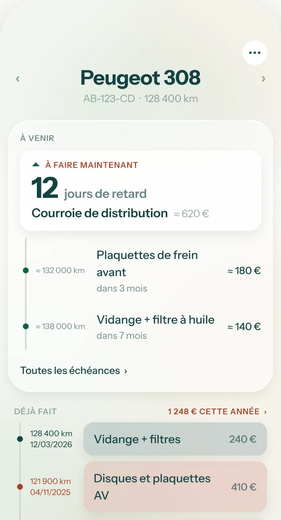 L'écran d'accueil de Bagnolino : une Peugeot 308, la courroie de distribution à faire maintenant, les prochaines échéances et les factures déjà enregistrées.