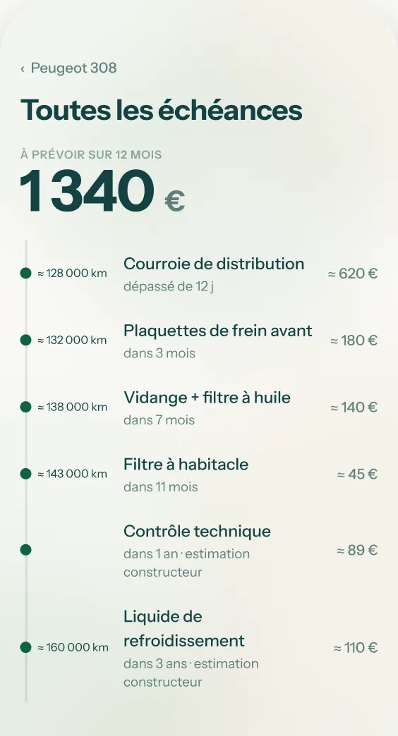 La liste de toutes les échéances : 1 340 € à prévoir sur douze mois, de la courroie de distribution au liquide de refroidissement.