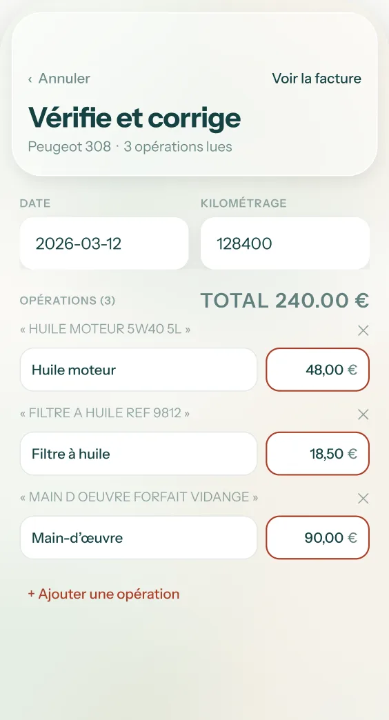 L'écran de vérification d'une facture scannée : date, kilométrage et trois opérations reconnues, avec leur prix.