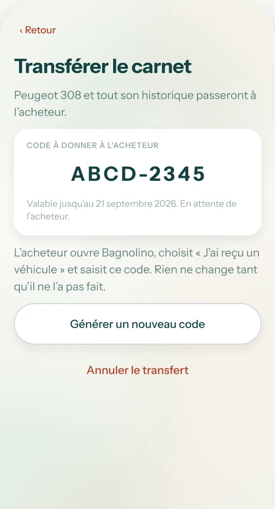 L'écran de transfert du carnet : un code à donner à l'acheteur, valable quelques jours.